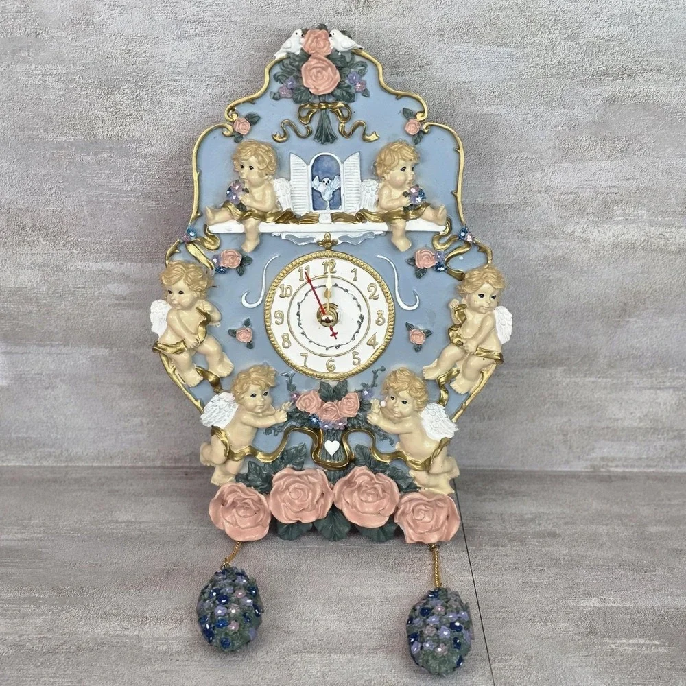 Vintage 3D Cherub Angel Cupid & Roses Hanging Chime Musical Wall Clock Works!